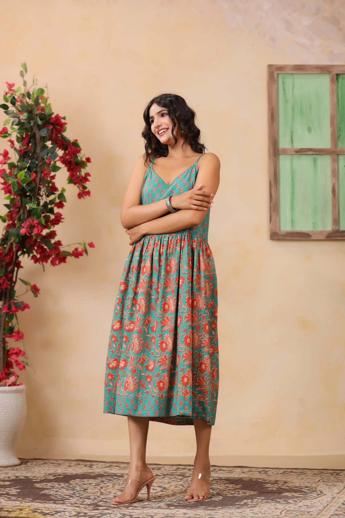 Teal Floral Print Spaghetti Strap Dress