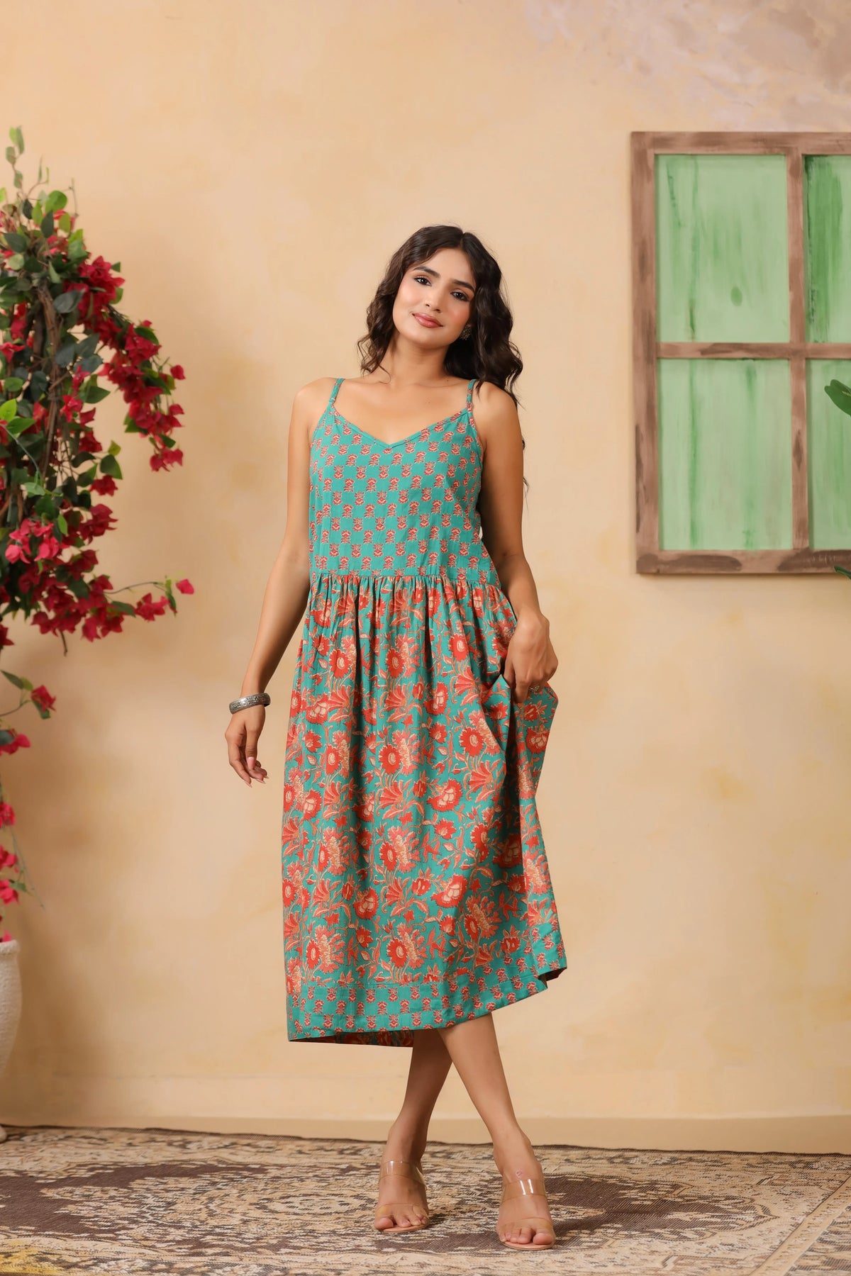 Teal Floral Print Spaghetti Strap Dress