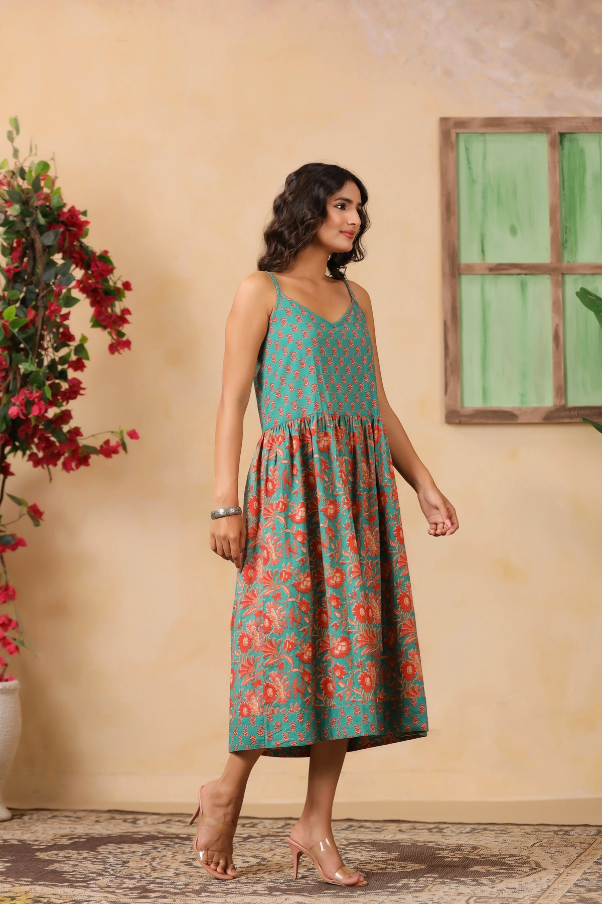 Teal Floral Print Spaghetti Strap Dress