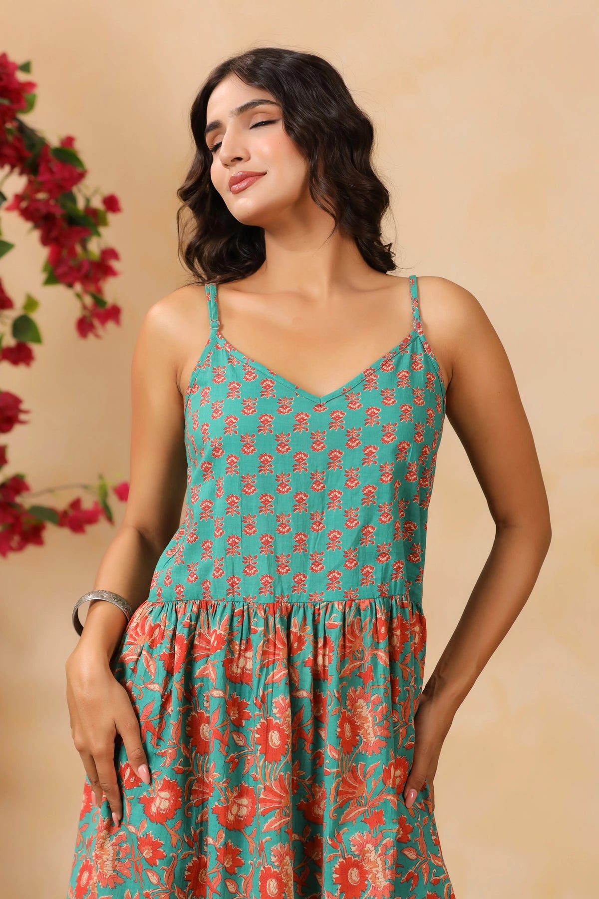 Teal Floral Print Spaghetti Strap Dress