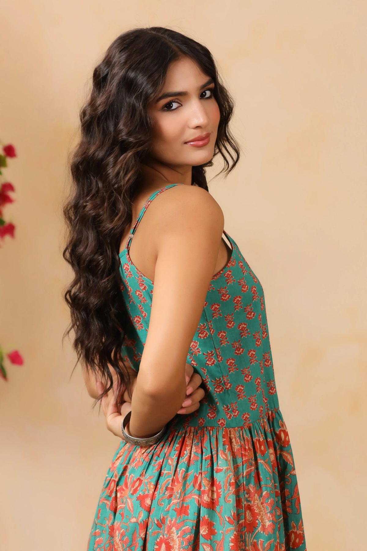 Teal Floral Print Spaghetti Strap Dress
