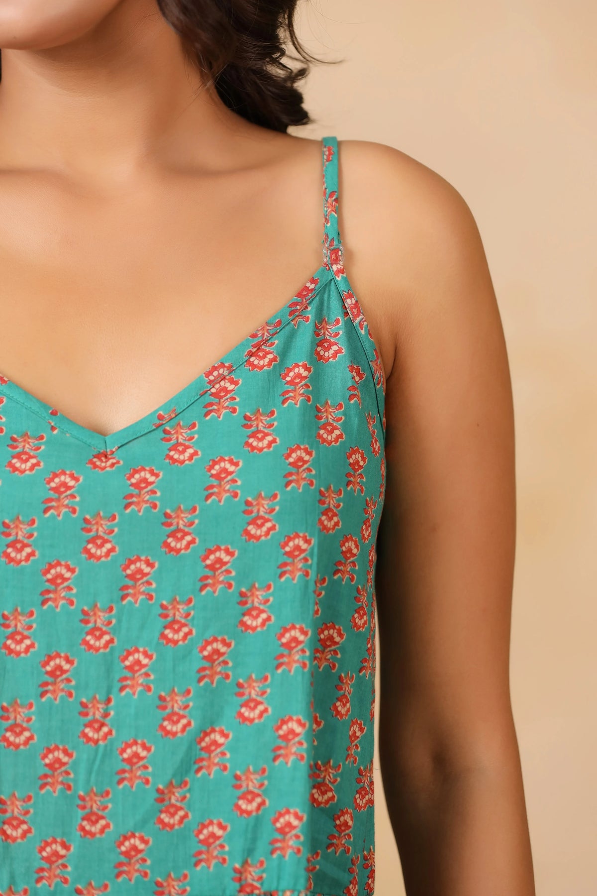 Teal Floral Print Spaghetti Strap Dress