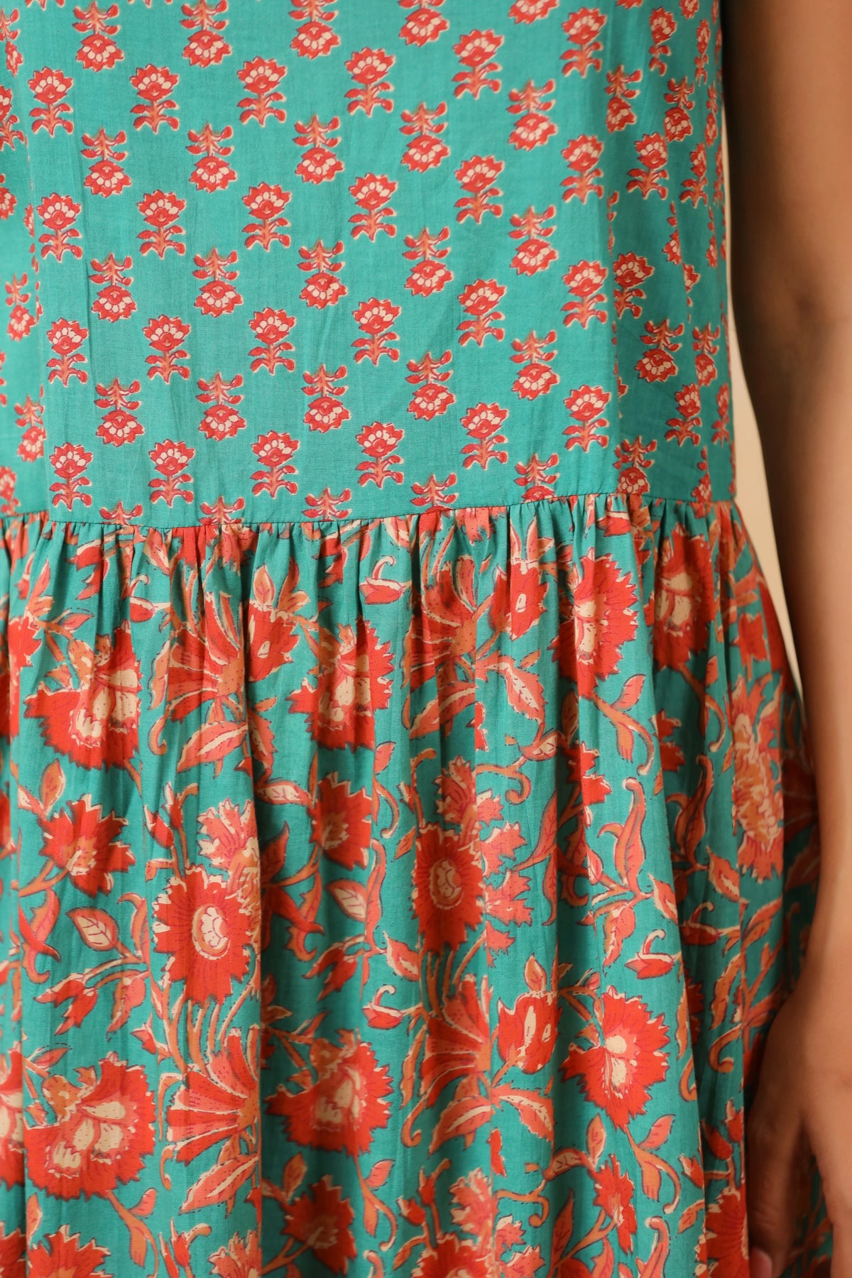 Teal Floral Print Spaghetti Strap Dress