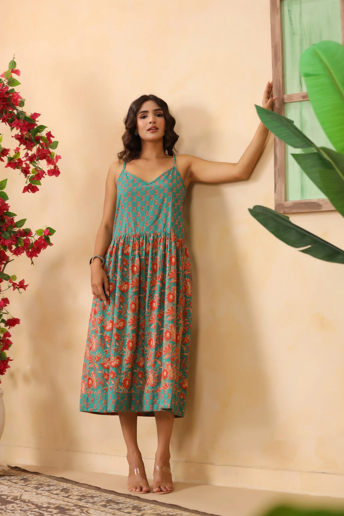 Teal Floral Print Spaghetti Strap Dress
