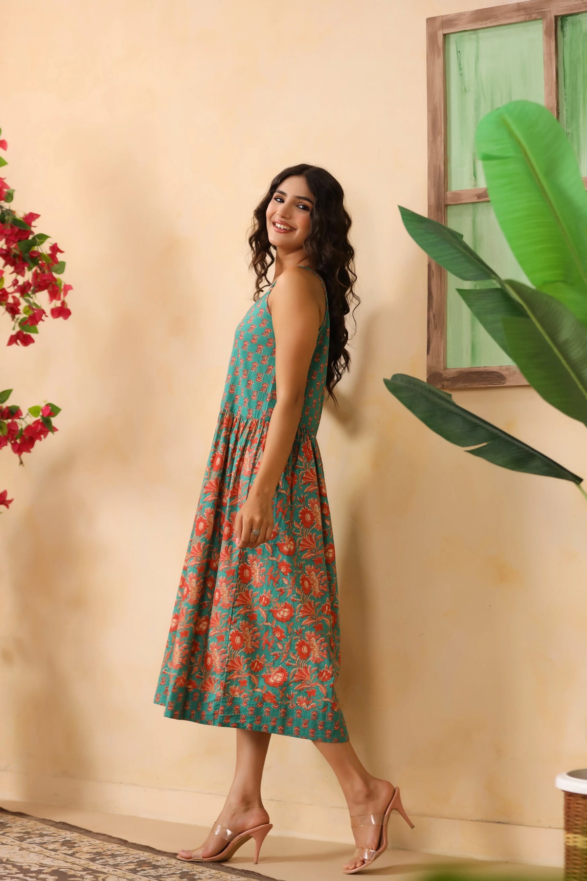 Teal Floral Print Spaghetti Strap Dress