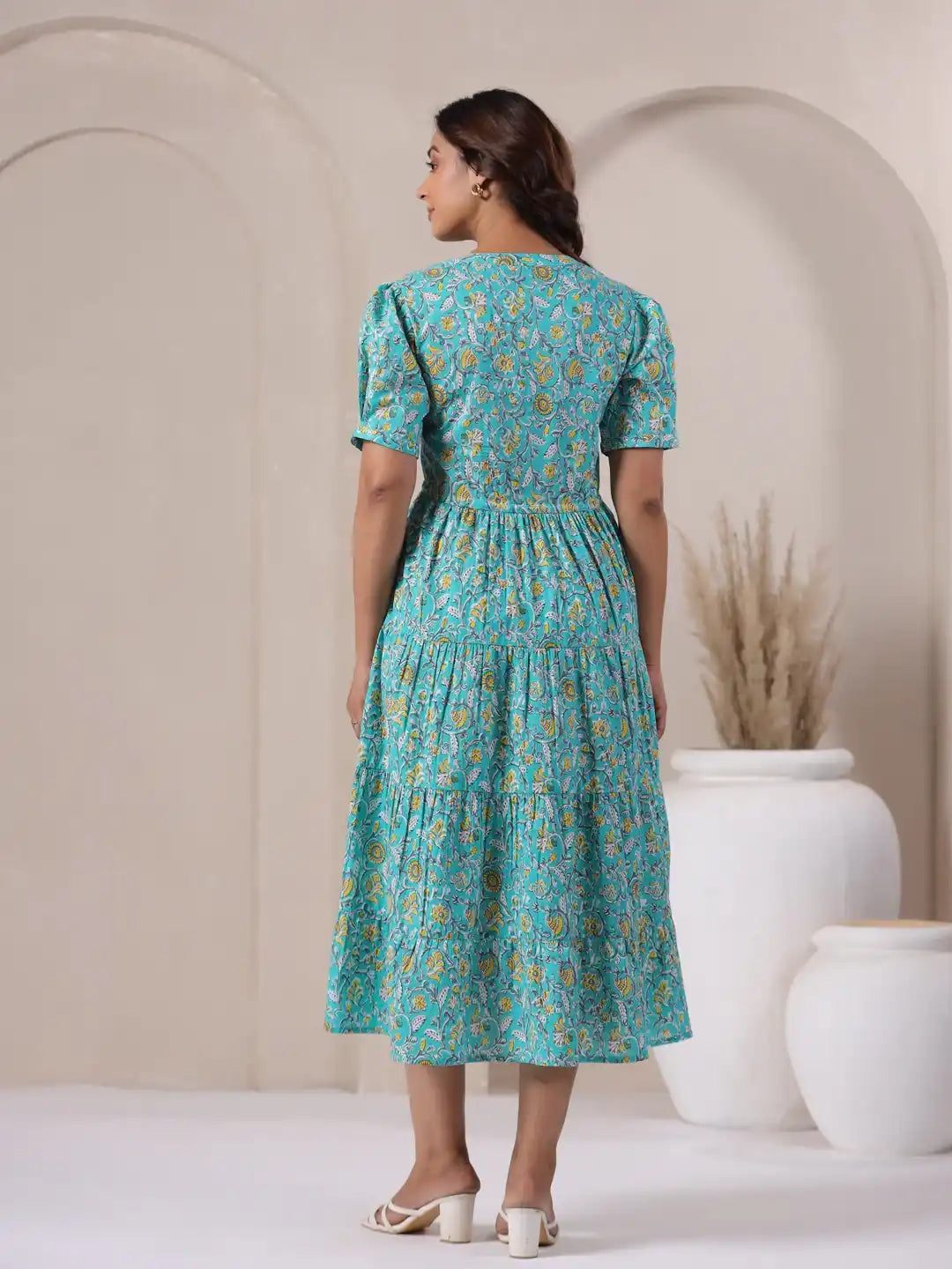 Teal floral print tiered cotton dress for women, back view with puff sleeves and elegant fit