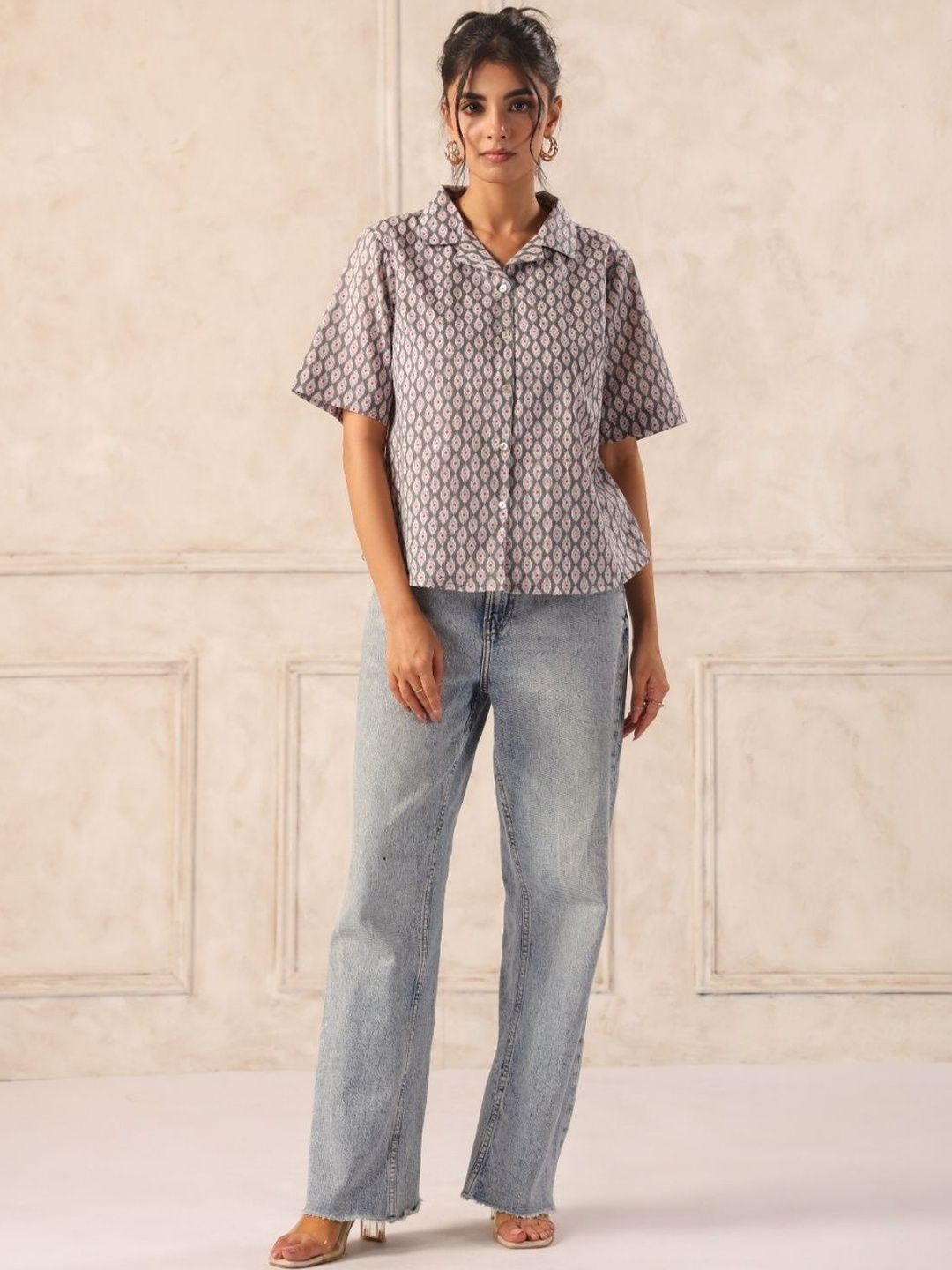 Grey & Pink Ikat Print Cotton Collared Shirt
