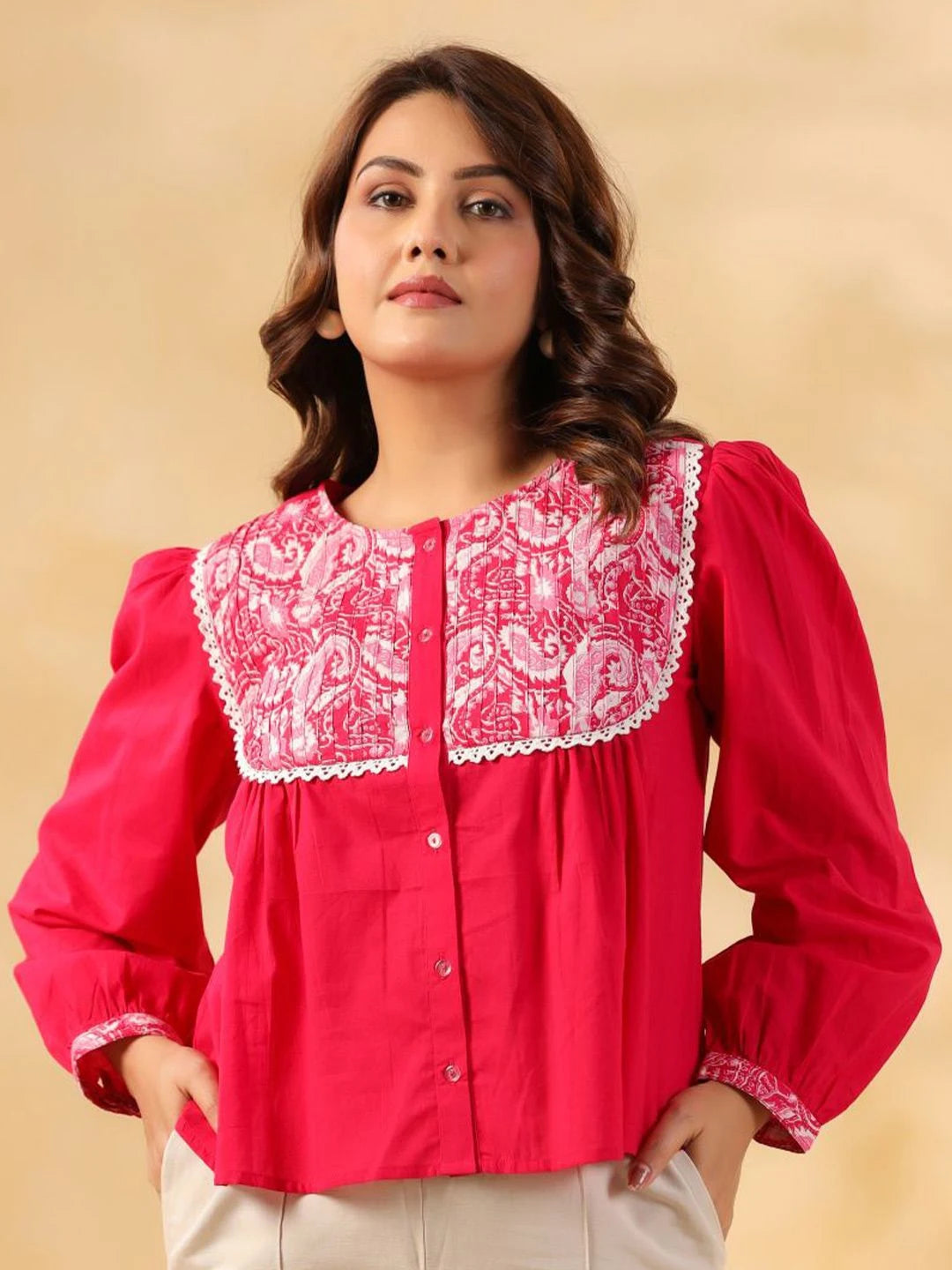 Pink Cotton Top with Embroidered Yoke for Women