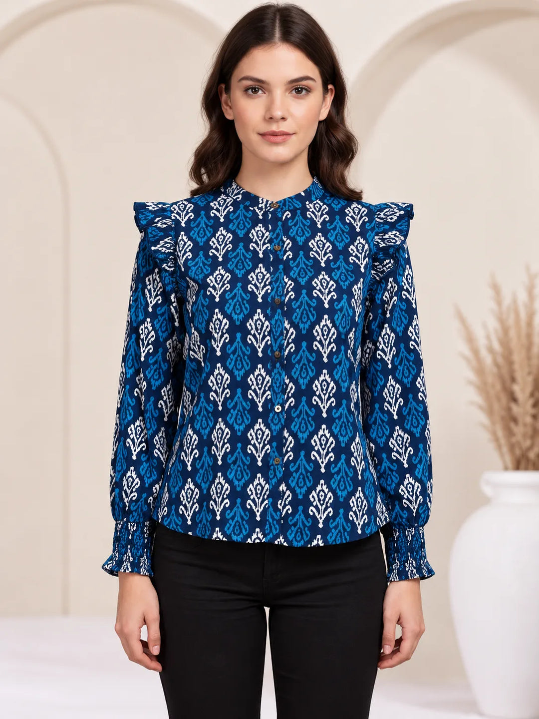 Navy Blue Ikat Print Ruffle-Sleeve Shirt