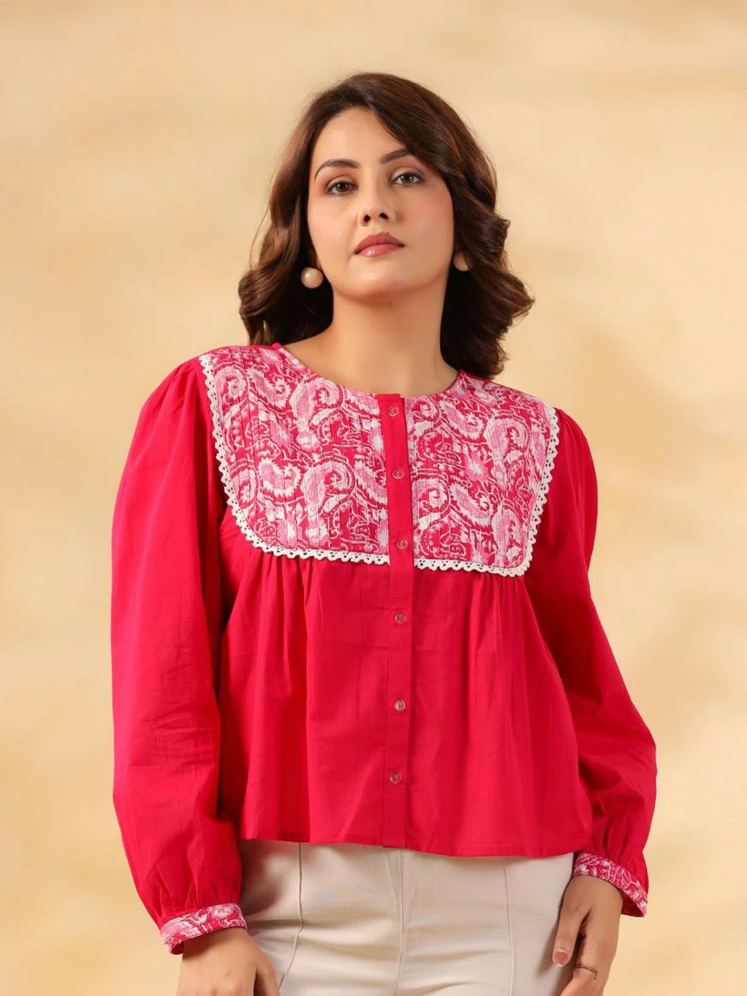 Pink Cotton Top with Embroidered Yoke for Women
