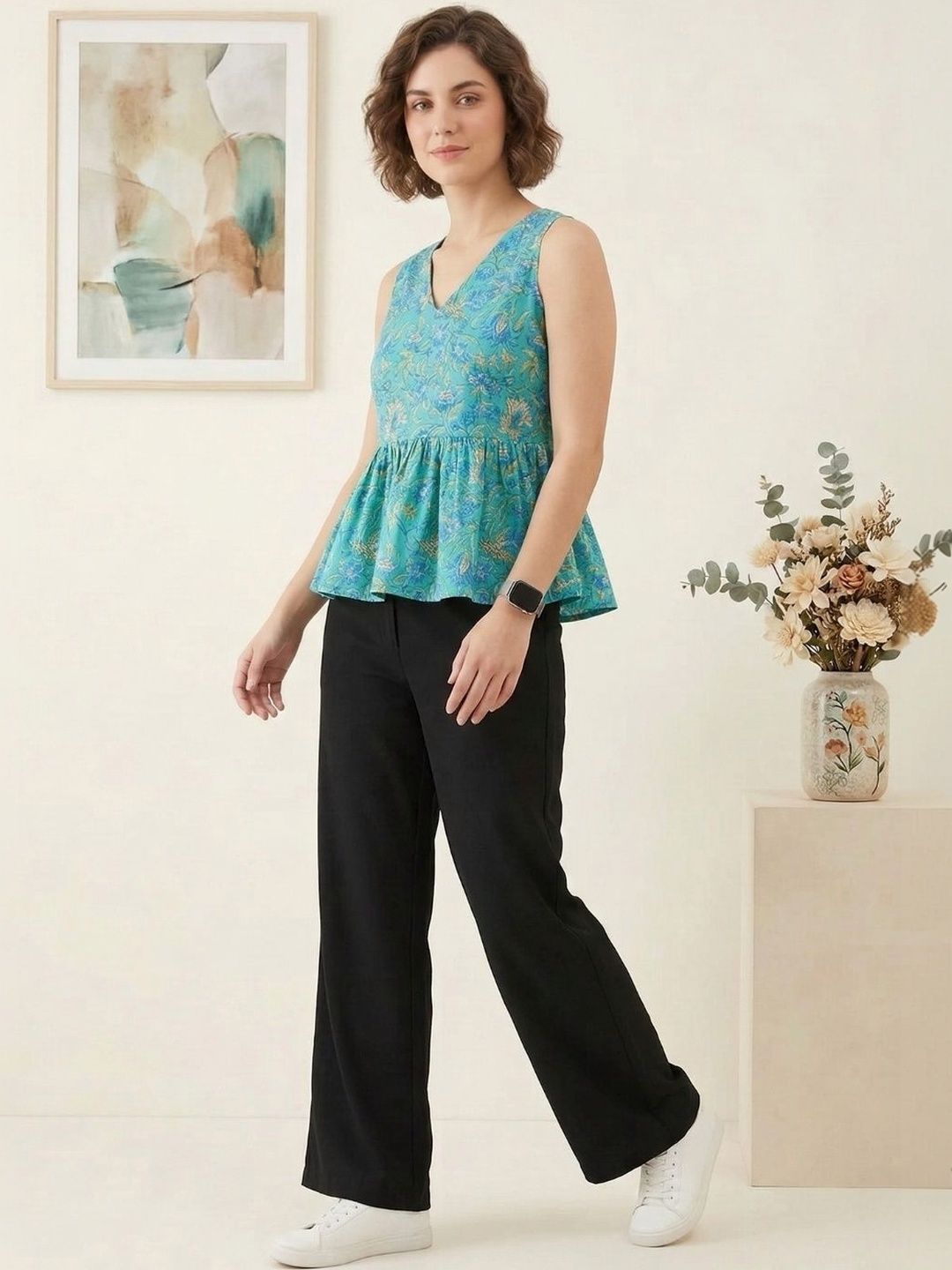 Teal Floral Block Print Cotton Peplum Top