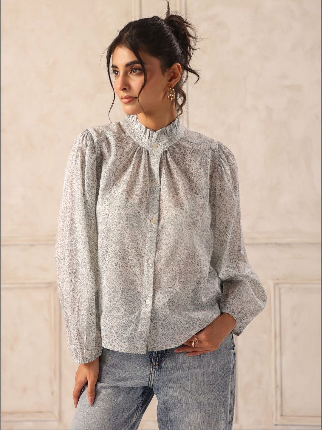 White & Grey Hand Block Print Cotton Ruffle Neck Shirt