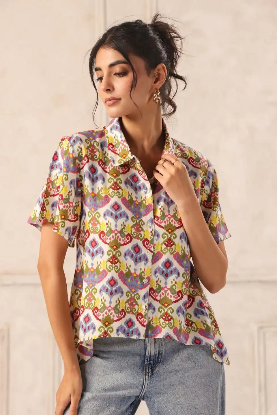 whiteikatviscoseshirtforwomenfrontview - VyomTara