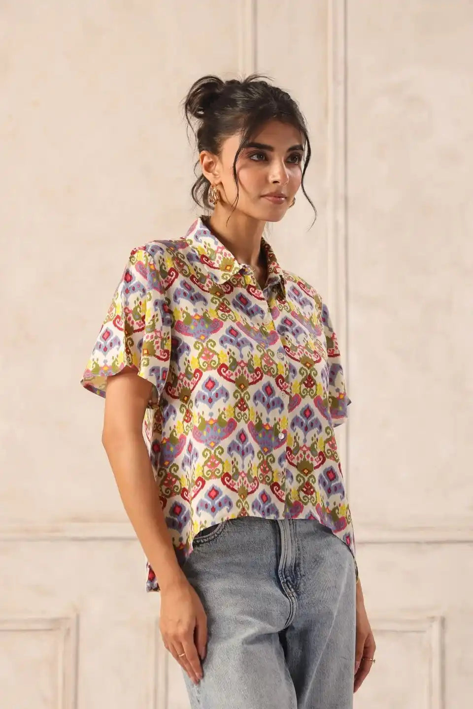whiteikatviscoseshirtforwomensideview - VyomTara