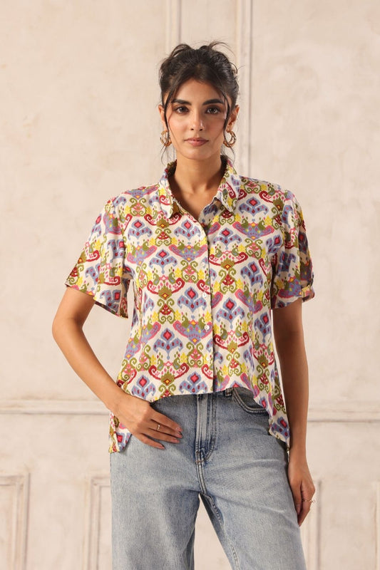 White Ikat Viscose Shirt for Women – Casual High-Low Collared Style