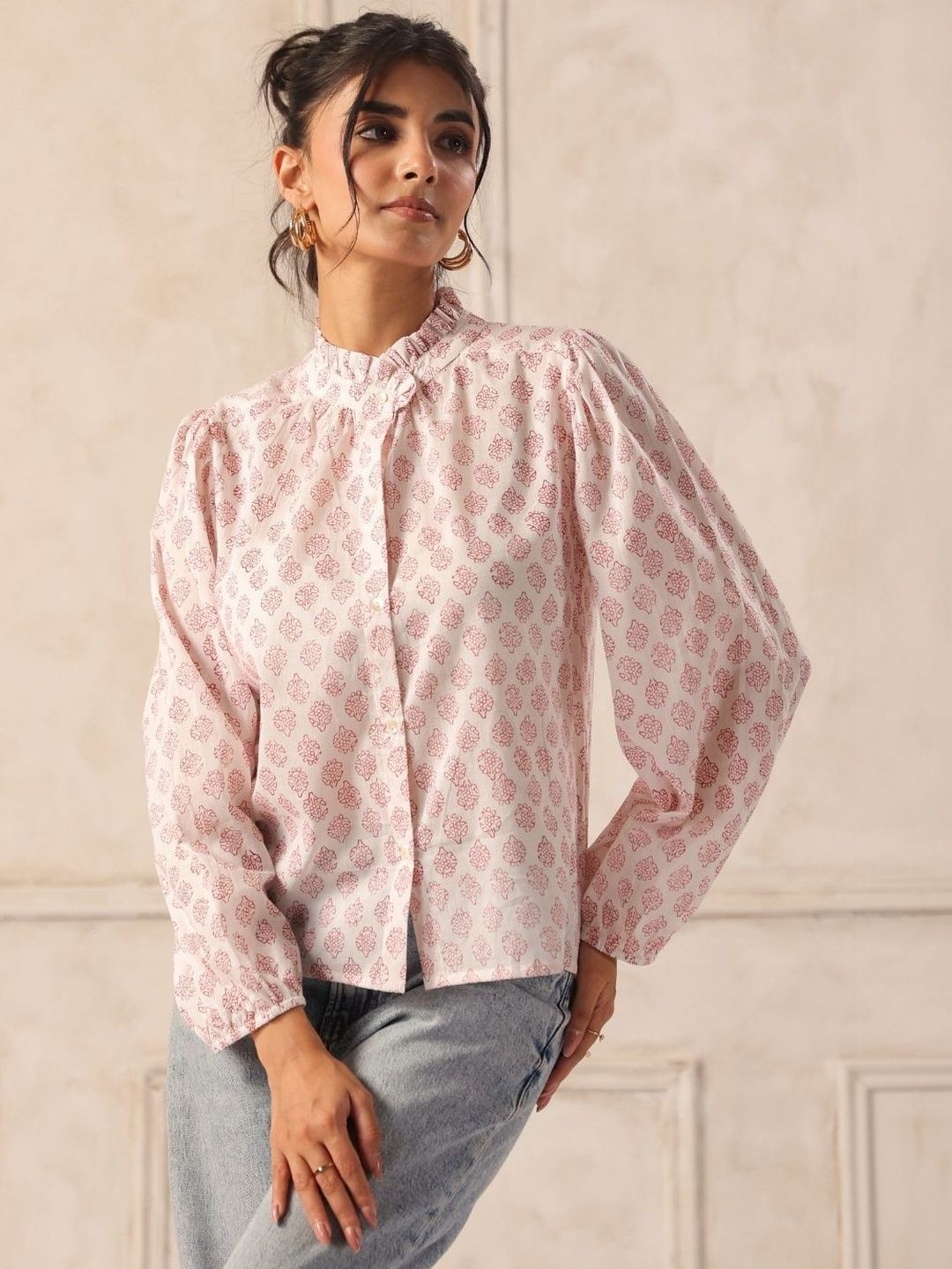 Off White & Rust Block Print Cotton Ruffle Neck Shirt