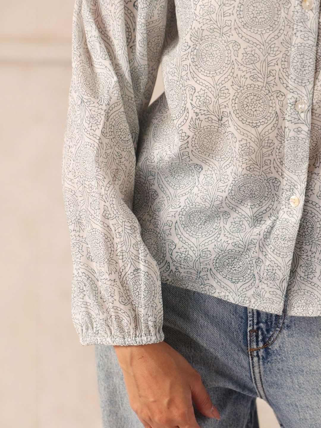 White & Grey Hand Block Print Cotton Ruffle Neck Shirt