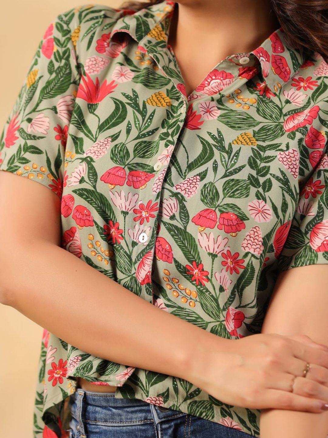 Sage Green Floral Crop Shirt for Women