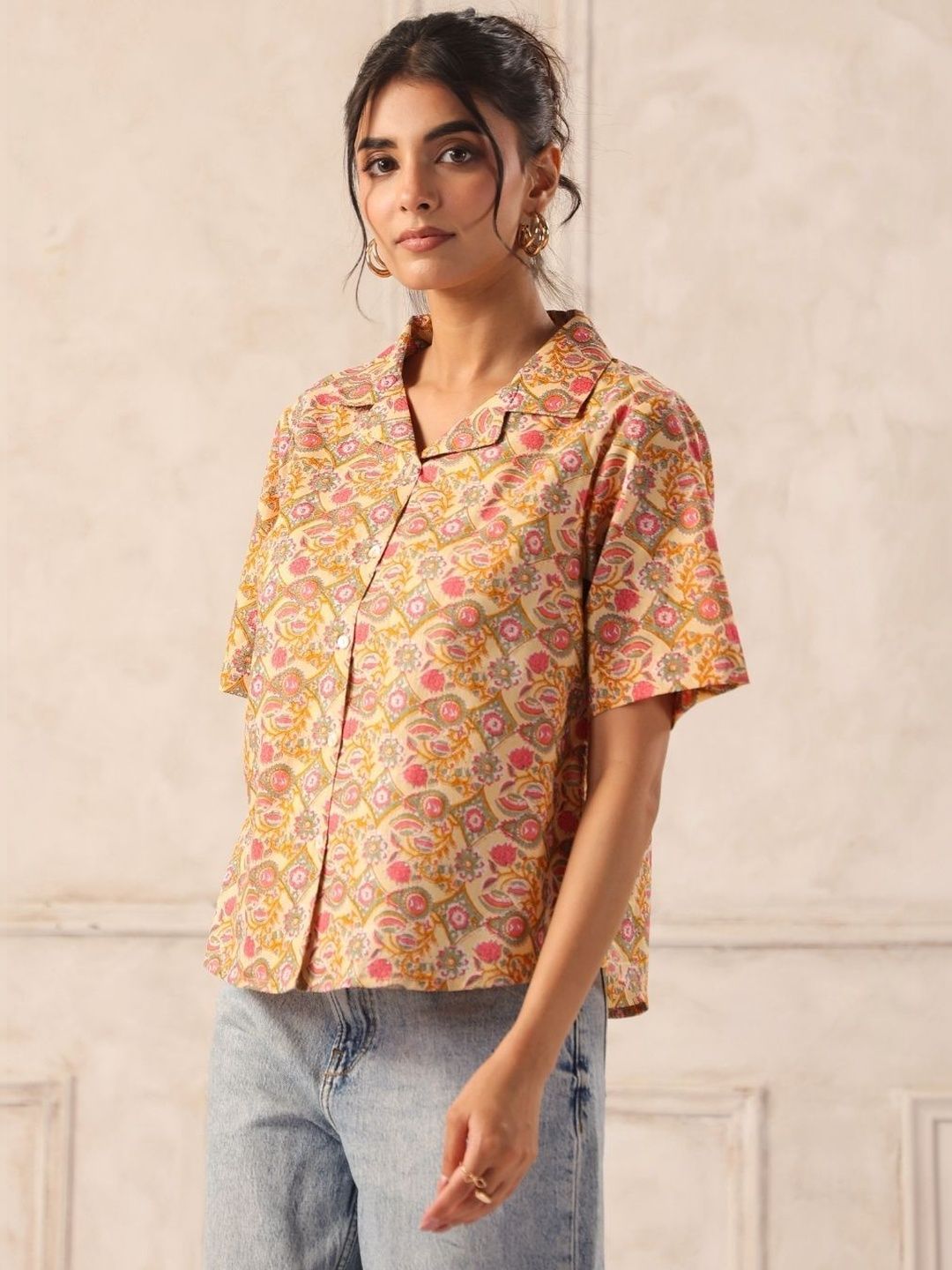 Yellow Floral Block Print Cotton Collared Shirt