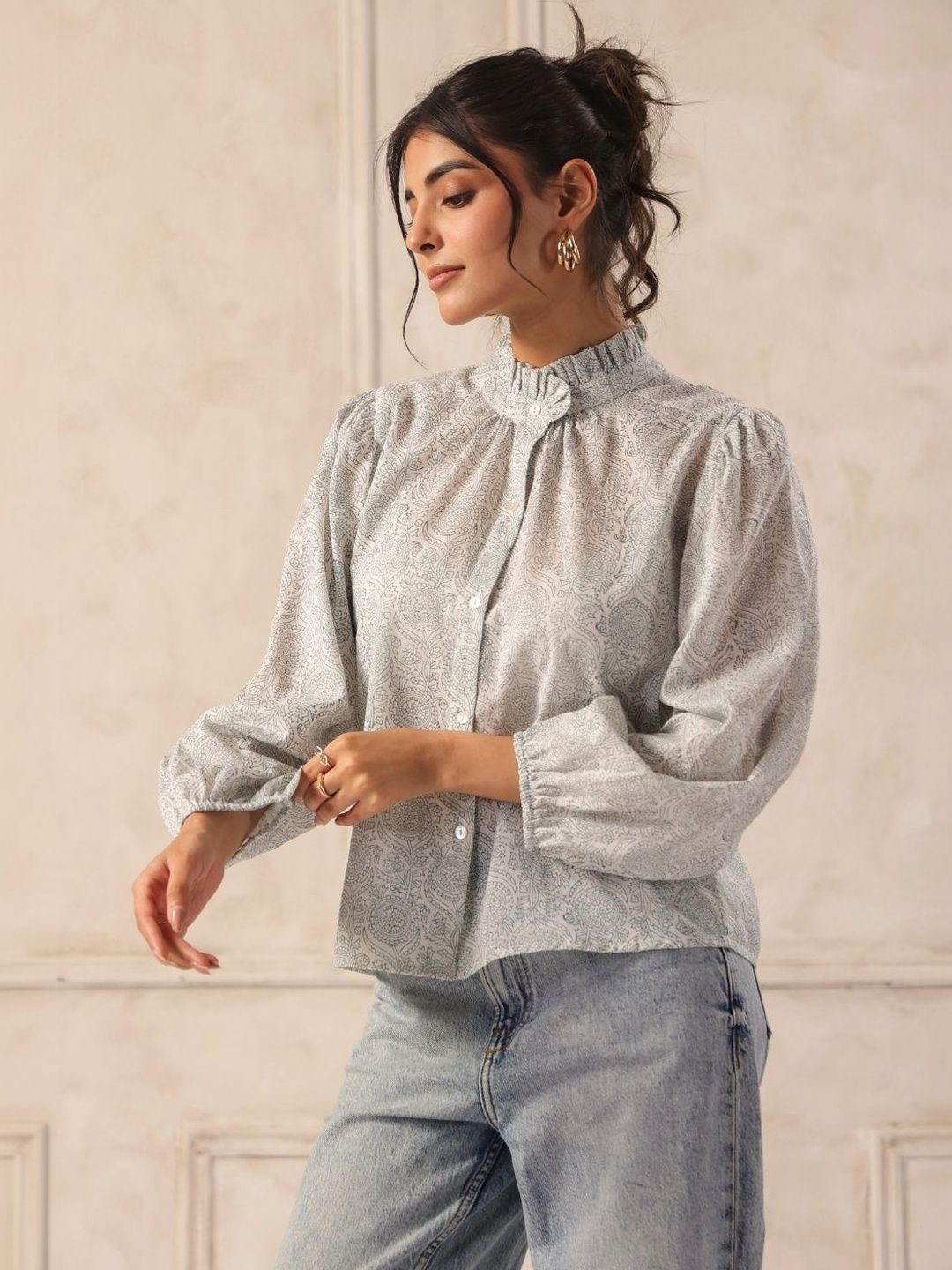 White & Grey Hand Block Print Cotton Ruffle Neck Shirt