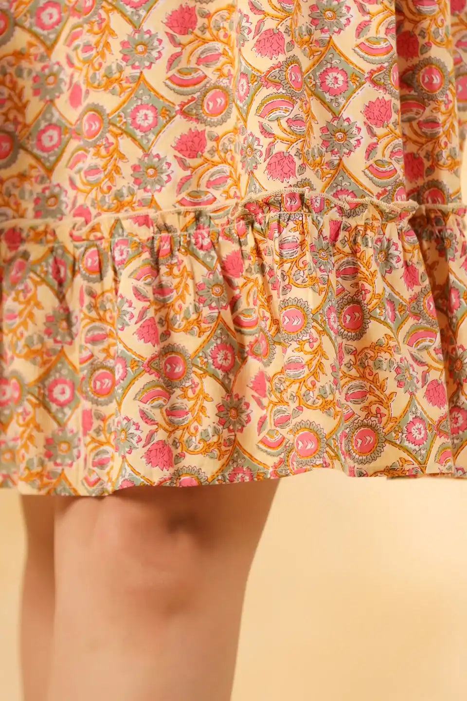 Floral printed cotton kurta with ruffled hem for women
