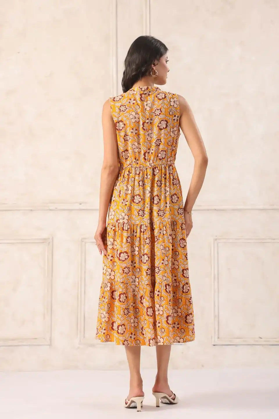 yellowbatikmididressbackviewcottonflaredsleeveless - VyomTara