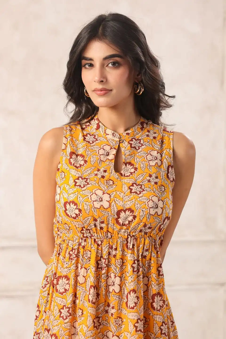yellowbatikmididresscloserviewcottonflaredsleeveless - VyomTara