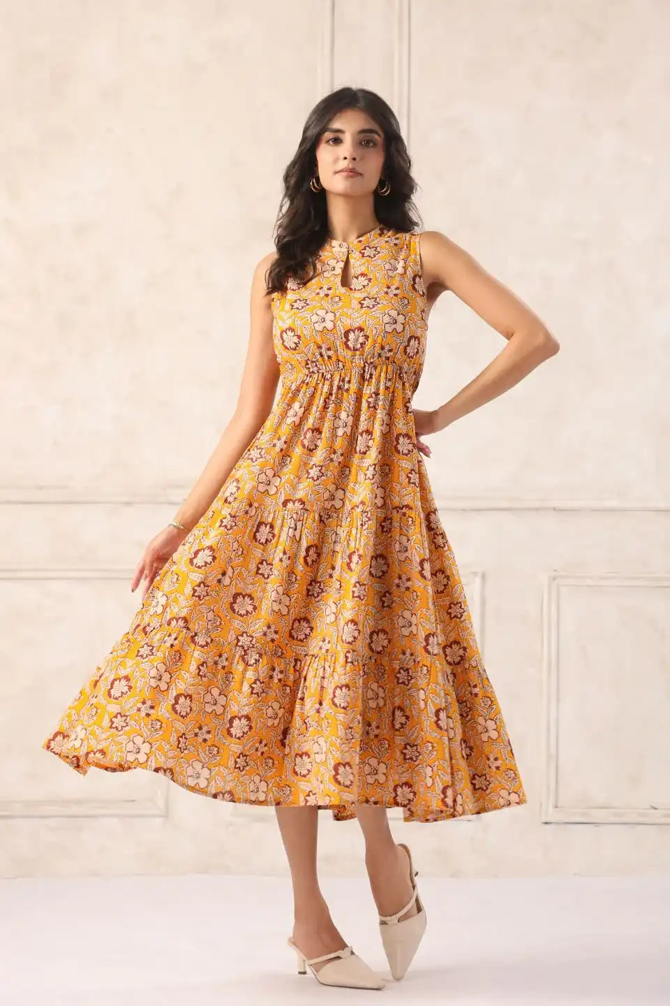 yellowbatikmididressflowyviewcottonflaredsleeveless - VyomTara