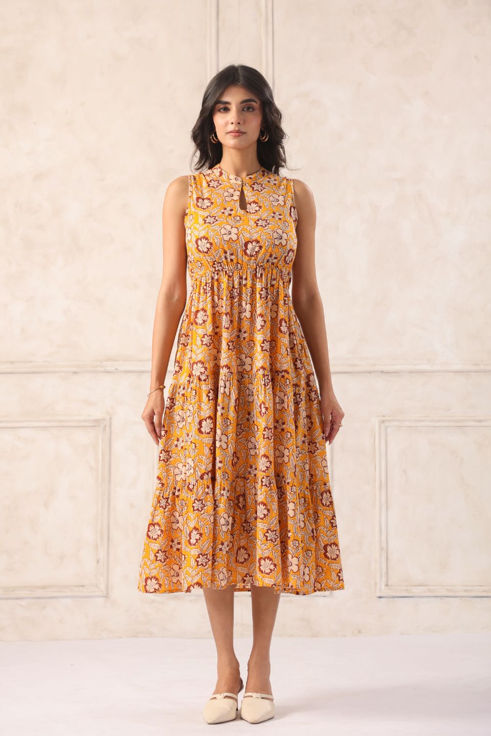 yellowbatikmididressfrontviewcottonflaredsleeveless - VyomTara