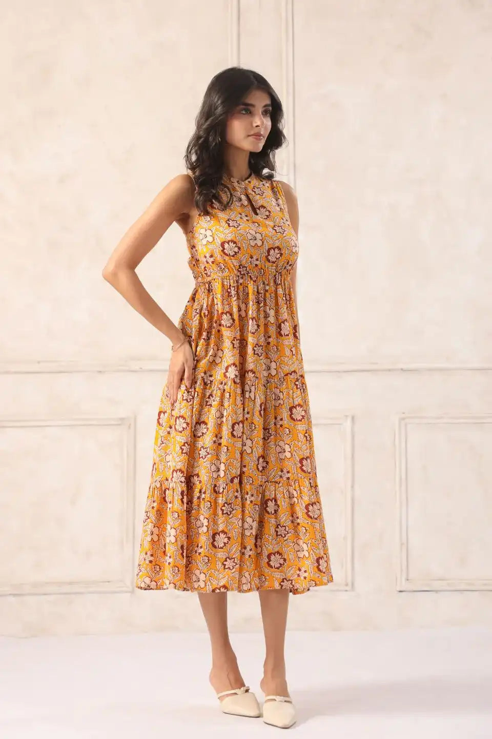 yellowbatikmididresssideviewcottonflaredsleeveless - VyomTara