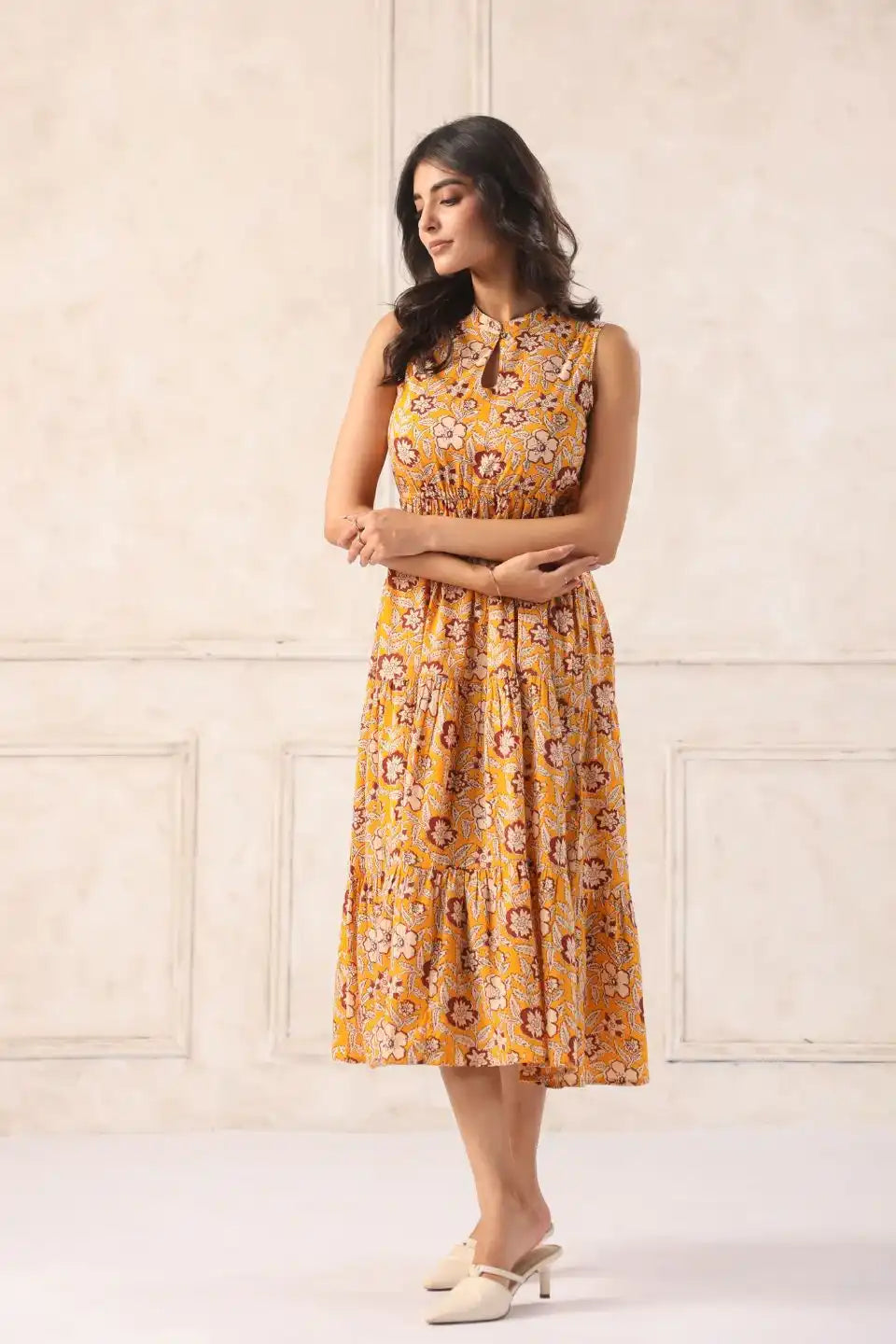 yellowbatikmididressstyleviewcottonflaredsleeveless - VyomTara
