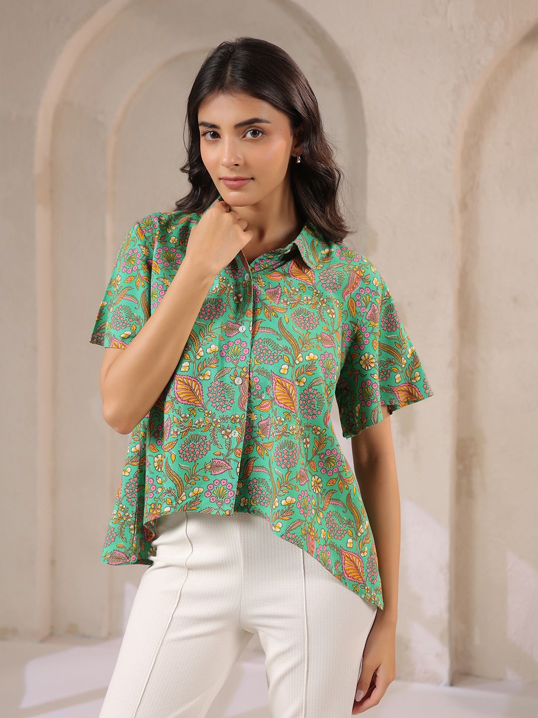 Sea Green Floral Shirt with Flared Sleeves
